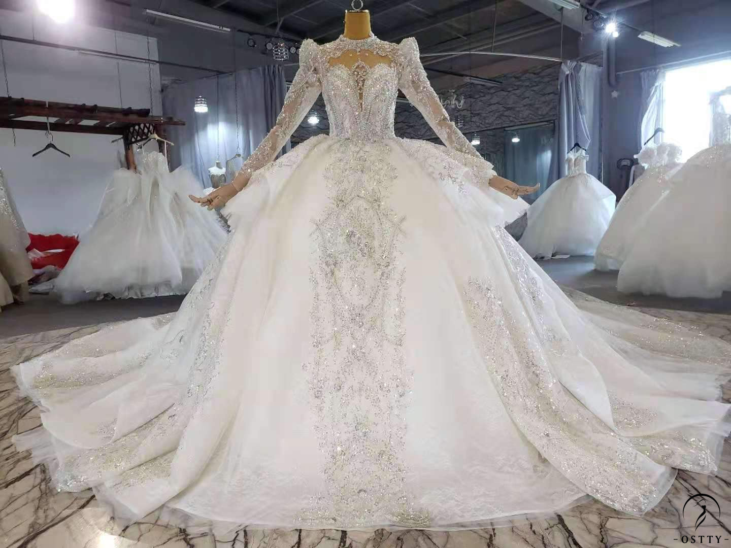 Ball Gown Tulle Appliques Long Sleeve Wedding Dress With Train OSA0816 - White Wedding Dresses $899.99