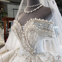 Beads Lace off-Shoulder Wedding Dress with Large Train Ball Gown OSA0828 - Custom made / White - $1,199.99