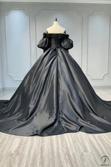 Black Luxury Long Trail Flower Wedding Dress OSY006 - $499.99