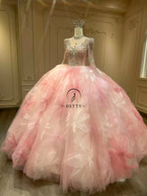 Ostty Blush Butterfly Quinceañera Dress with 3D Floral Skirt and Beaded Illusion Sleeves OST-QN066-25 (Wholesale)