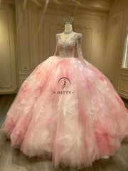 Ostty Blush Butterfly Quinceañera Dress with 3D Floral Skirt and Beaded Illusion Sleeves OST-QN066-25 (Wholesale)