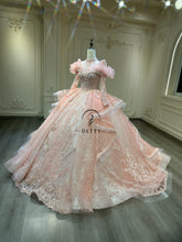 Ostty Soft Pink Silver Quinceañera Gown with Puff Sleeves and Layered Embroidery OST-QN068-25 (Wholesale)