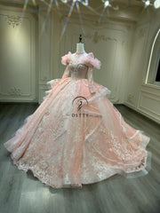 Ostty Soft Pink Silver Quinceañera Gown with Puff Sleeves and Layered Embroidery OST-QN068-25 (Wholesale)