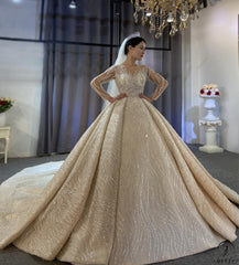 Champagne Ball Gown Tulle Appliques Short Sleeve Wedding Dress With Train OST0520 - OS11644 $2,299.99