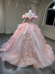 Ostty Soft Pink Silver Quinceañera Gown with Puff Sleeves and Layered Embroidery OST-QN068-25 (Wholesale)