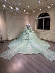 Ostty Mint Green Quinceañera Dress with Pearl Beading and Cathedral Train OST-QN063-25 (Wholesale)