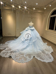 Ostty Ice Blue Embroidered Quinceañera Dress with Lace Appliqué and Bow Back OST-QN057-25 (Wholesale)