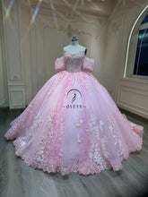 Ostty Sweet Pink Puff Sleeve Quinceañera Dress with Embroidered Tulle and Bow Back OST-QN058-25 (Wholesale)