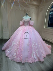 Ostty Sweet Pink Puff Sleeve Quinceañera Dress with Embroidered Tulle and Bow Back OST-QN058-25 (Wholesale)