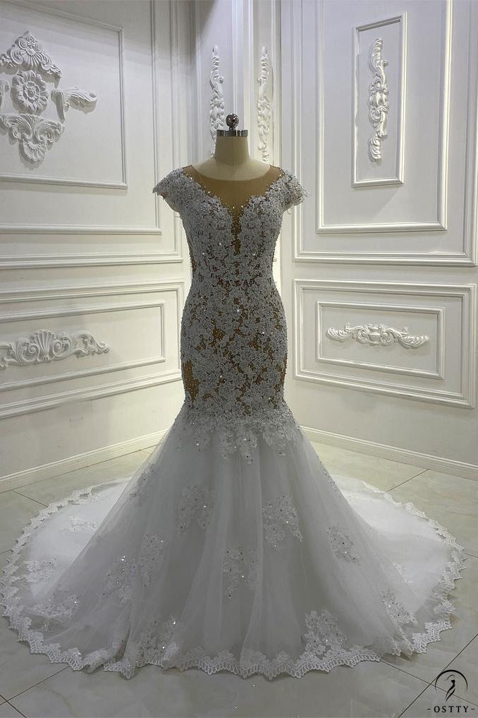 mermaid wedding dresses for petite brides Sweetheart Lace Short-sleeved Mermaid Wedding Dress with Detachable Train hot