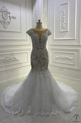 Lace Mermaid Wedding Dresses Round Neck Short Sleeves OS850 - Wedding & Bridal Party Dresses $785