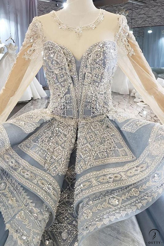 OSTTY - Luxury Grey Wedding Dress Long Sleeve V Neck Ball Gown Crystal Dresses OS2211 $899.99 OSTTY - Luxury Grey Wedding Dress Long Sleeve V Neck Ball Gown Crystal Dresses OS2211 $899.99