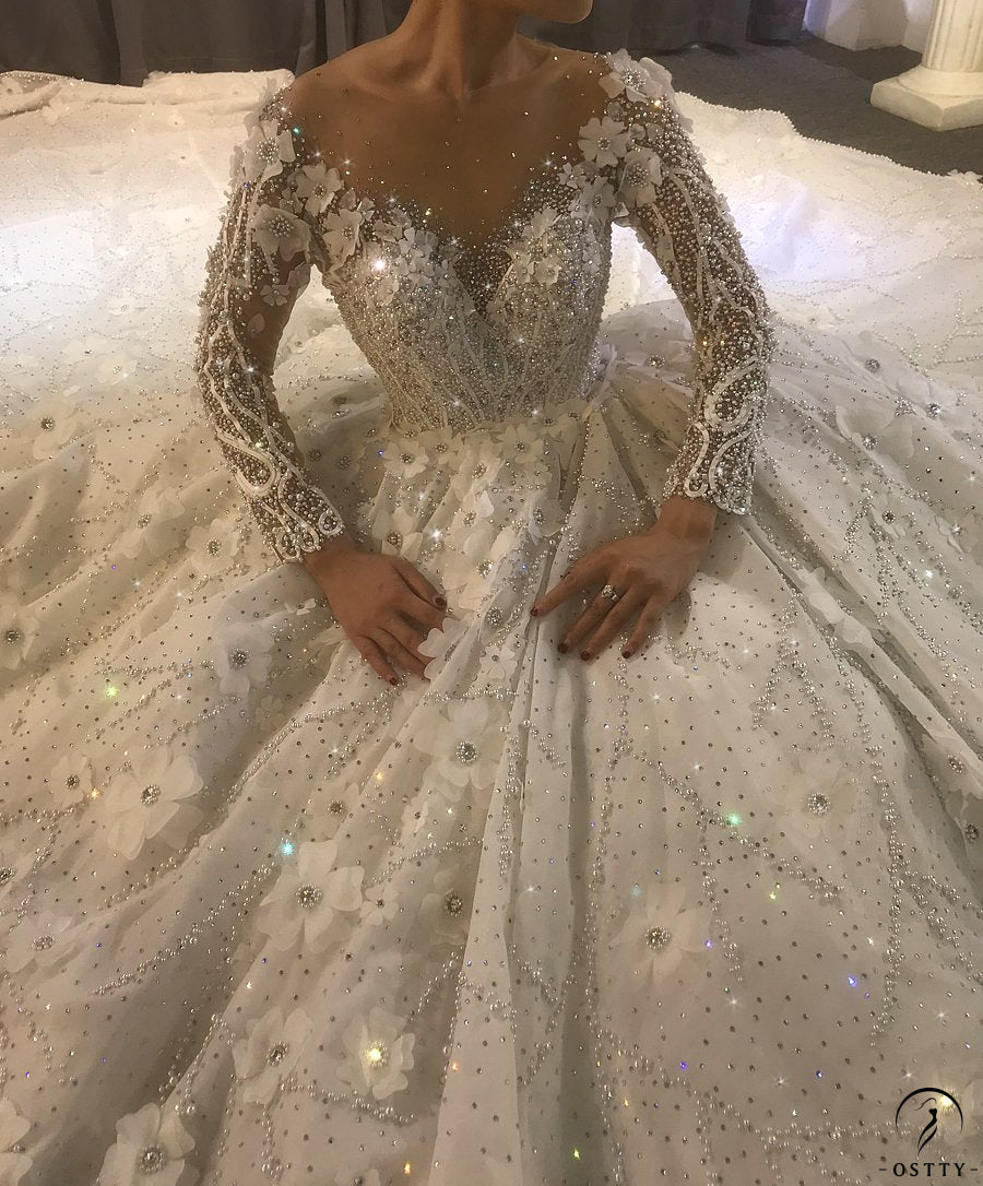 Luxury Long Sleeves Beading Flower V Neck Wedding Dress OS3928 - $2,399.99