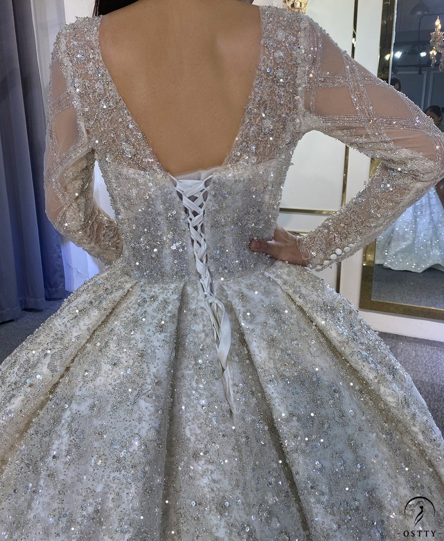 Luxury Long Sleeves Beading Flower V Neck Wedding Dress OS4115 - $1,395.99