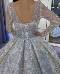 Luxury Long Sleeves Beading Flower V Neck Wedding Dress OS4115 - $1,395.99