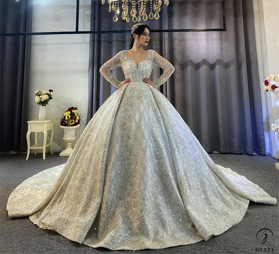 Luxury Long Sleeves Beading Flower V Neck Wedding Dress OS4115 - $1,395.99