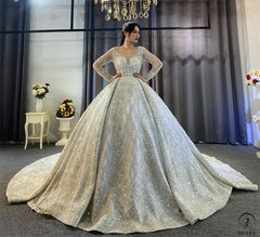 Luxury Long Sleeves Beading Flower V Neck Wedding Dress OS4115 - $1,395.99