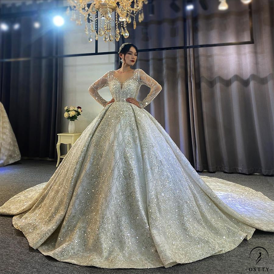 Luxury Long Sleeves Beading Flower V Neck Wedding Dress OS4115 - $1,395.99