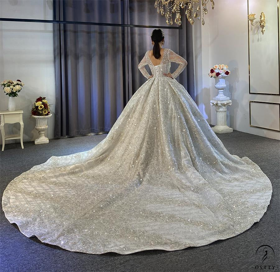 Luxury Long Sleeves Beading Flower V Neck Wedding Dress OS4115 - $1,395.99