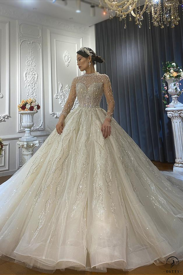 OSTTY Luxury White Wedding Dress Long Sleeve Ball Gown Crystal