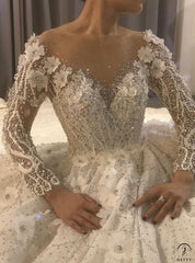 Luxury White Wedding Dress Long Sleeve Full Beading Flower Ball Gown