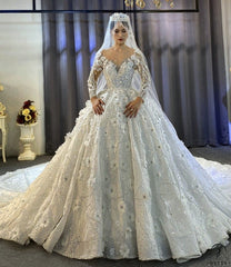 Luxury White Wedding Dress Long Sleeve Full Beading Flower Ball Gown