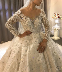 Luxury White Wedding Dress Long Sleeve Full Beading Flower Ball Gown