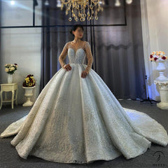 Luxury White Wedding Dress Long Sleeve V Neck Ball Gown Crystal Dresses OS4017 - White Wedding Dresses $1,299.99