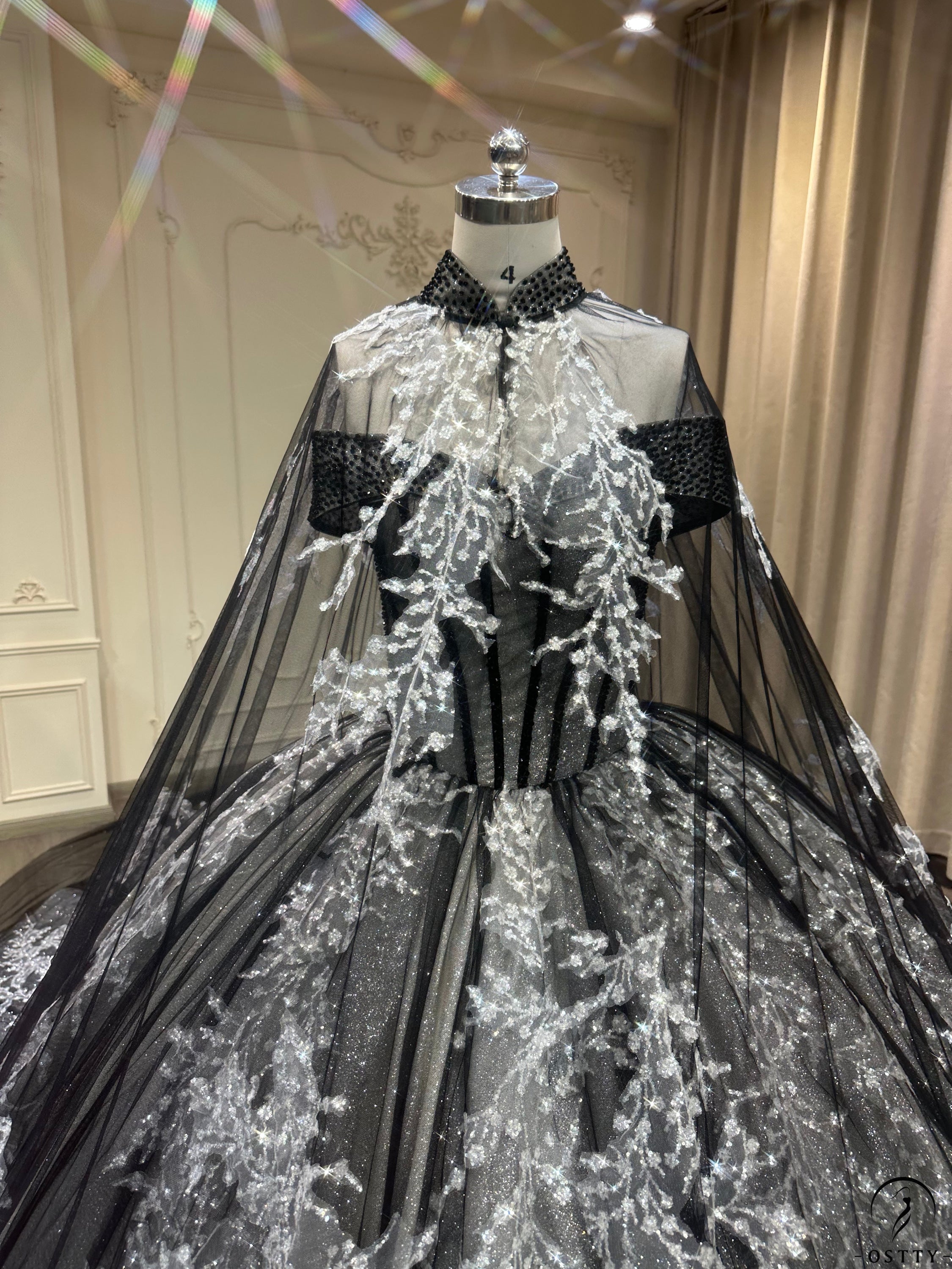 princess wedding dresses black Black Gothic Black ballgown wedding dress for Plus Size Women with Sheer Neckline, Satin Fabric, Long Sleeves, Lace Applique, and Beading