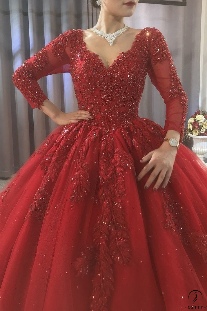 OSTTY - Red V Neck Long Sleeves Beading Wedding Dress OS3915 $1,299.99 OSTTY - Red V Neck Long Sleeves Beading Wedding Dress OS3915 $1,299.99