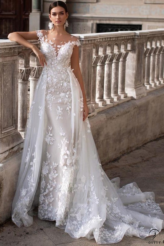 OSTTY - Scoop Neck Cap Sleeve Mermaid Wedding Dresses Appliques Detachable Train Dress $532.78 OSTTY - Scoop Neck Cap Sleeve Mermaid Wedding Dresses Appliques Detachable Train Dress $532.78