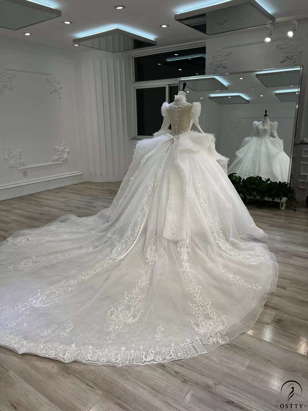 White Long Sleeve V neck Long Train Wedding Dress OSL202202 - Wedding & Bridal Party Dresses $899.99