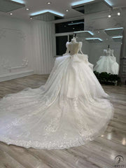 White Long Sleeve V neck Long Train Wedding Dress OSL202202 - Wedding & Bridal Party Dresses $899.99