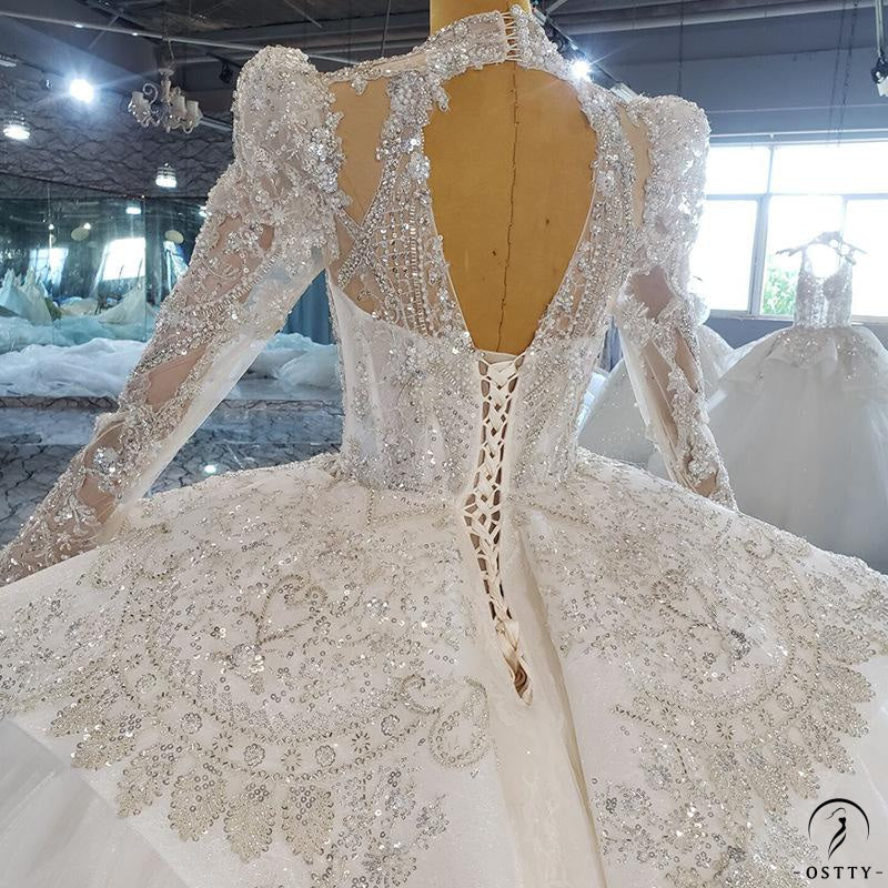 White Luxury Long Sleeve Wedding Dress With Train Pearl Sequins Lace High Waist Ball Gown OSA081901 - $1,299.99