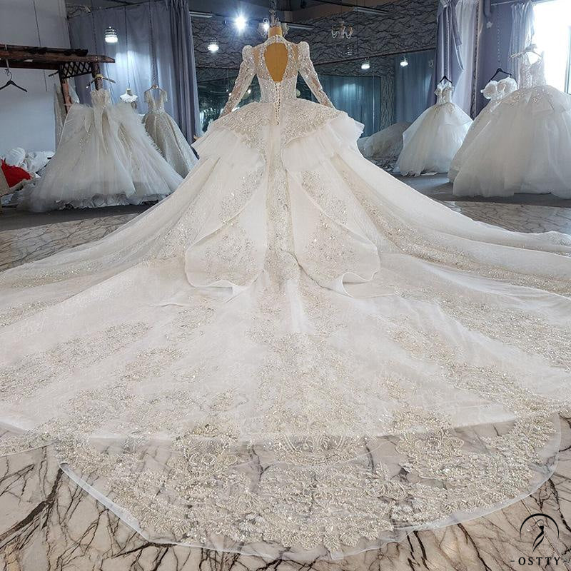 White Luxury Long Sleeve Wedding Dress With Train Pearl Sequins Lace High Waist Ball Gown OSA081901 - $1,299.99