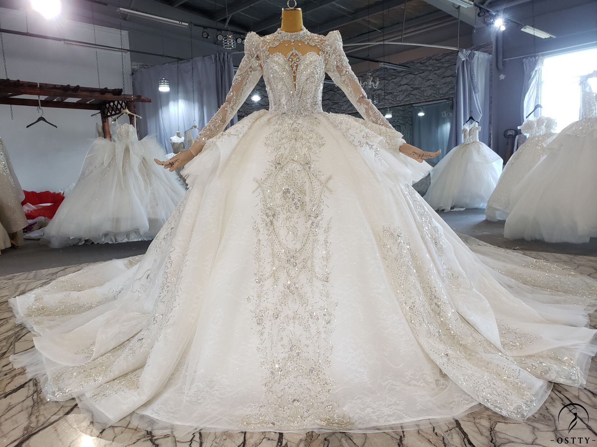 White Luxury Long Sleeve Wedding Dress With Train Pearl Sequins Lace High Waist Ball Gown OSA081901 - $1,299.99