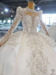 White Luxury Long Sleeve Wedding Dress With Train Pearl Sequins Lace High Waist Ball Gown OSA081901 - $1,299.99