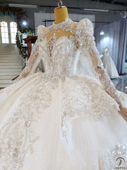 White Luxury Long Sleeve Wedding Dress With Train Pearl Sequins Lace High Waist Ball Gown OSA081901 - $1,299.99