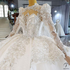 White Luxury Long Sleeve Wedding Dress With Train Pearl Sequins Lace High Waist Ball Gown OSA081901 - $1,299.99