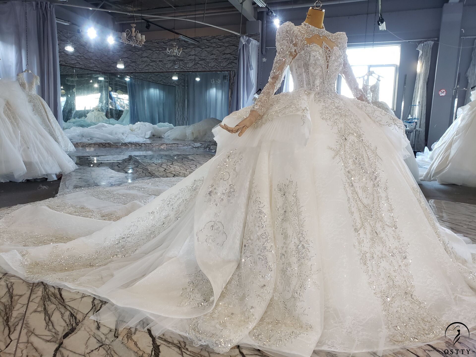 White Luxury Long Sleeve Wedding Dress With Train Pearl Sequins Lace High Waist Ball Gown OSA081901 - $1,299.99