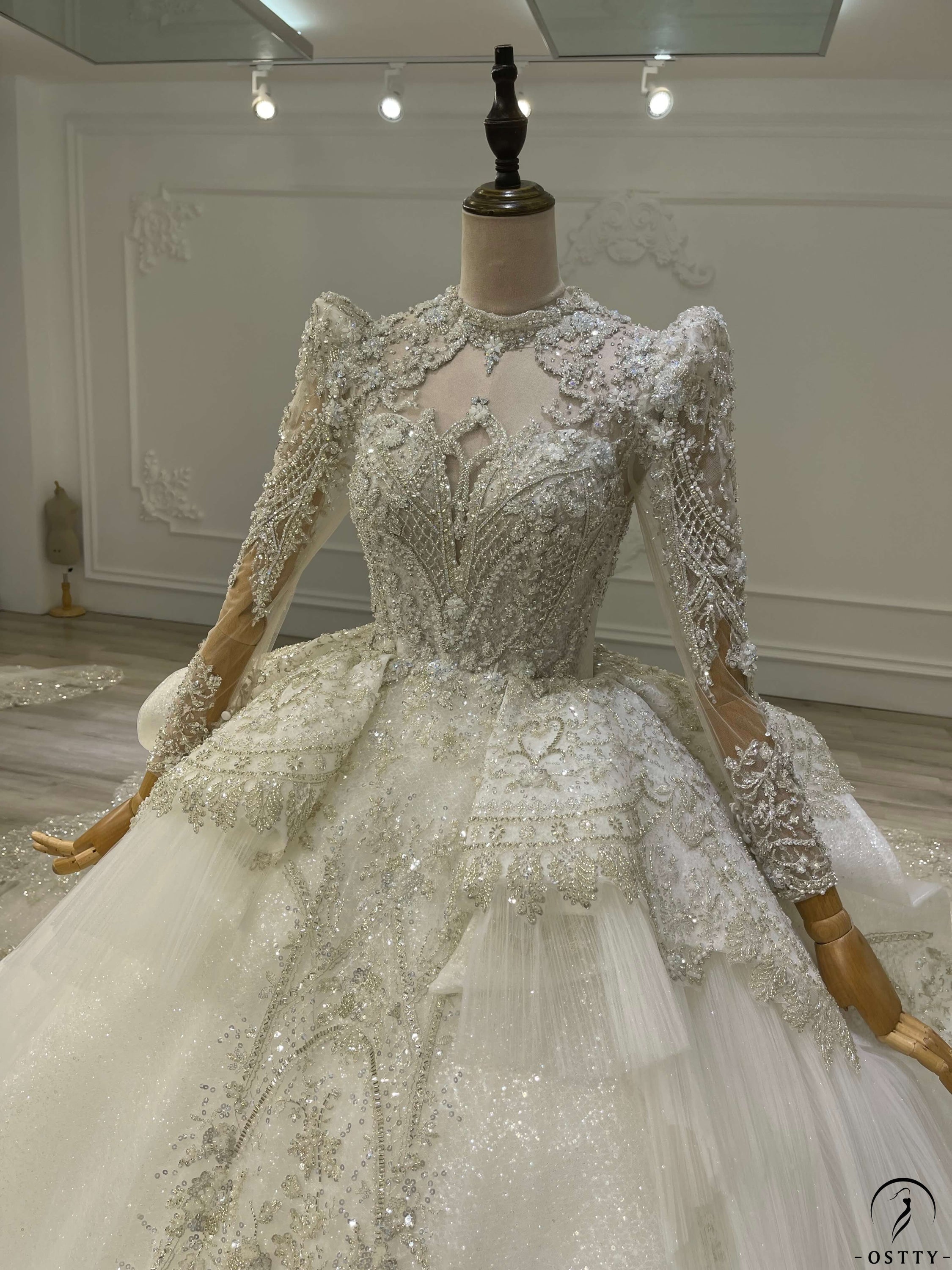 OSTTY - White Luxury Long Sleeve Wedding Dress With Train Pearl Sequins Lace High Waist Ball Gown OSTTY - White Luxury Long Sleeve Wedding Dress With Train Pearl Sequins Lace High Waist Ball Gown