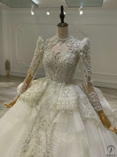 White Luxury Long Sleeve Wedding Dress With Train Pearl Sequins Lace High Waist Ball Gown OSA081901 - Wedding & Bridal Party Dresses