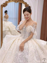 White Queen Collar Short Sleeve Crystals Pearl Wedding Dress OS09281 - Wedding Dresses $978.99