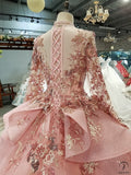 Pink Long Sleeve Embroidery Simple Luxury Long Tailling Wedding Dress - OSTTY