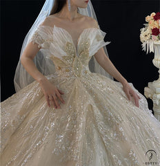 Luxury Gold Wedding Dress Long Sleeve V Neck Full Beading Ball Gown - $1,139