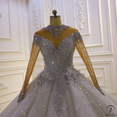 Luxury White Wedding Dress Long Sleeve Full Beading Ball Gown - $1,699.99