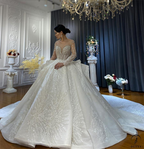 Ostty White Dubai Luxury Wedding Dress Long Sleeve Ball Gown Crystal  Dresses OS857
