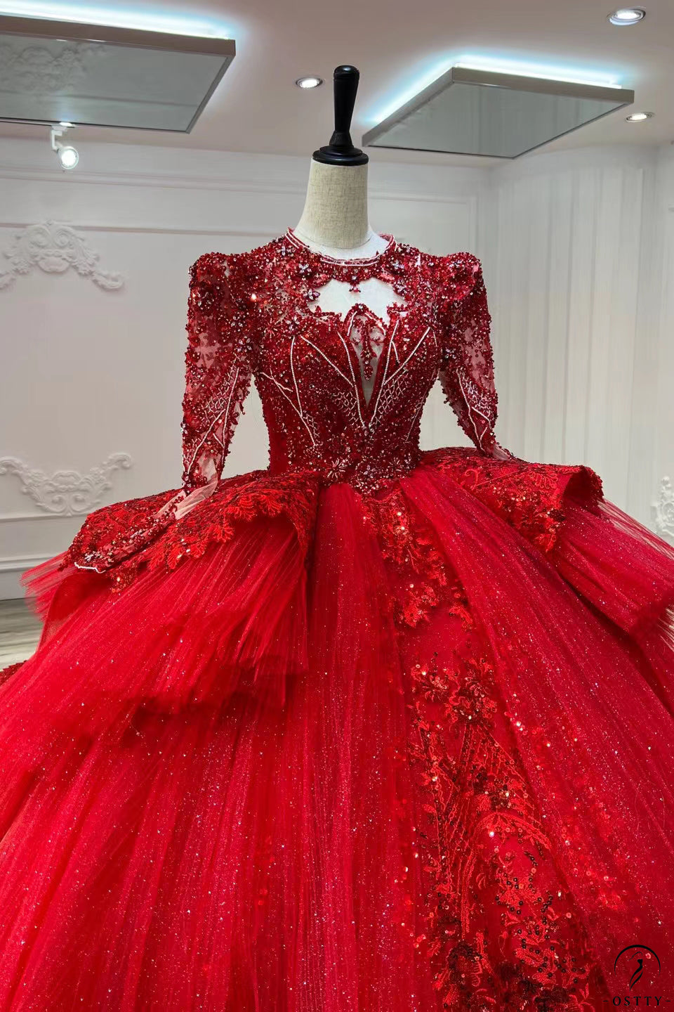 Red Luxury Long Sleeves beads Ball Gown Wedding Dress - $1,499.99