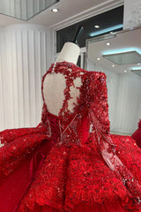 Red Luxury Long Sleeves beads Ball Gown Wedding Dress - $1,499.99