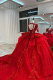 Red Luxury Long Sleeves beads Ball Gown Wedding Dress - $1,499.99